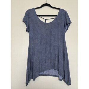 CoverStitched Blue Tee Shirt Short Sleeve Top Flowy Summer Strappy Open Back M